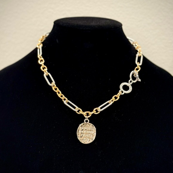 Gold and Silver Chain Necklace with stamped Pendant - Picture 1 of 4